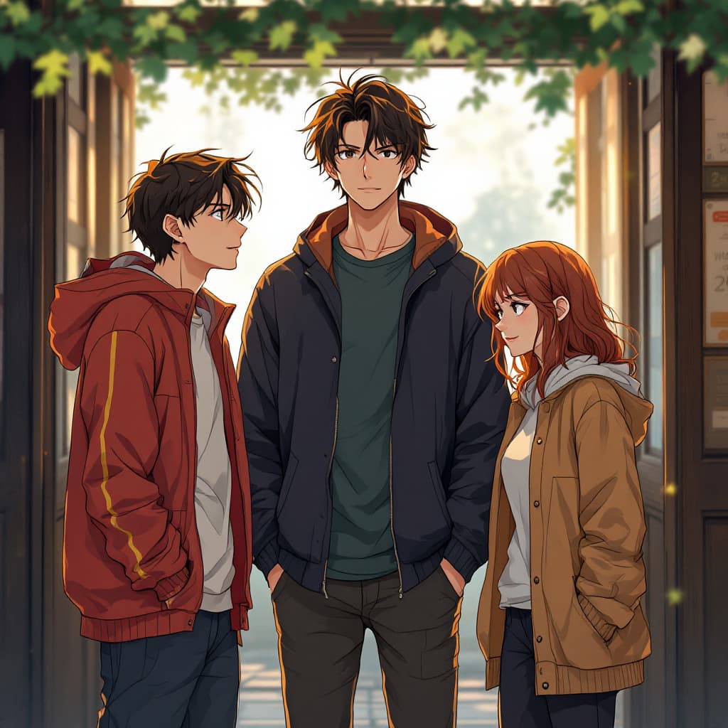AI generated: Crea imagen de 3 chicos y 2 chicas de 13 años de edad en estilo anime