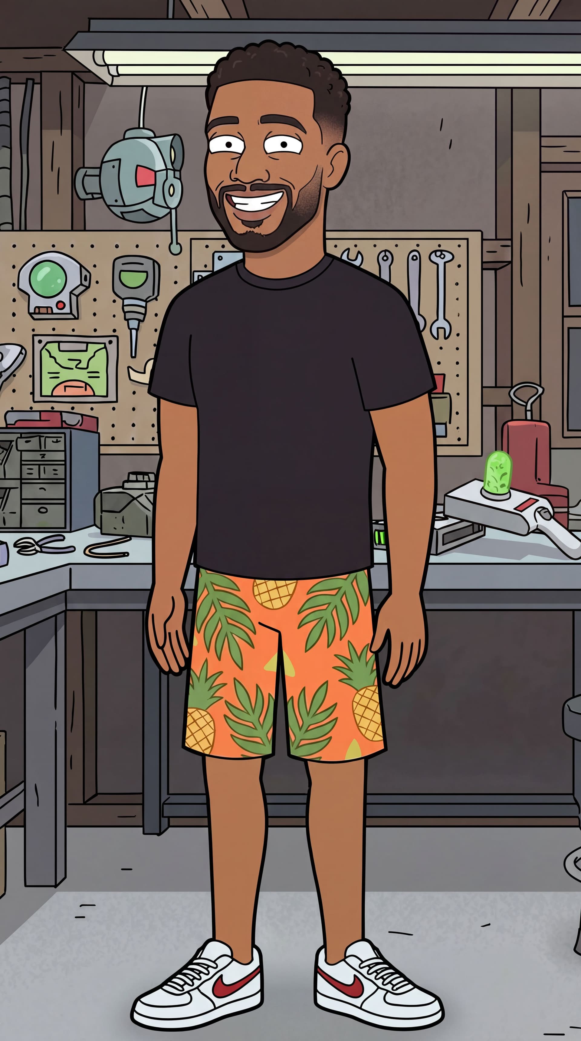 AI generated: fix right leg to phase same direction as left. Make a more vibrant happier expression. 