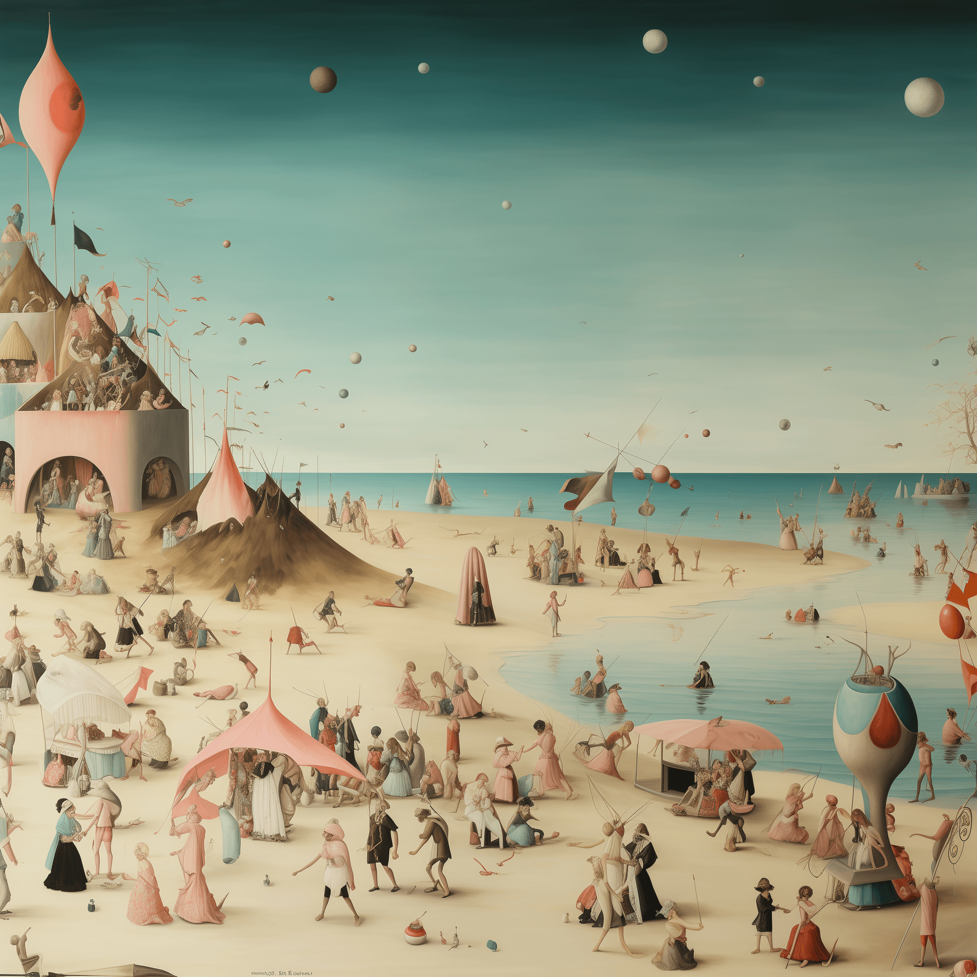 AI generated: beach party, young people crowd, future, large scale painting in Hieronymus Bosch style 4K 