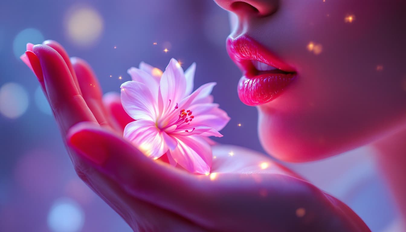 AI generated: hyper realistic Shot insert Shot: Close-up of their hand on their lips, a spectral flower reflected ...