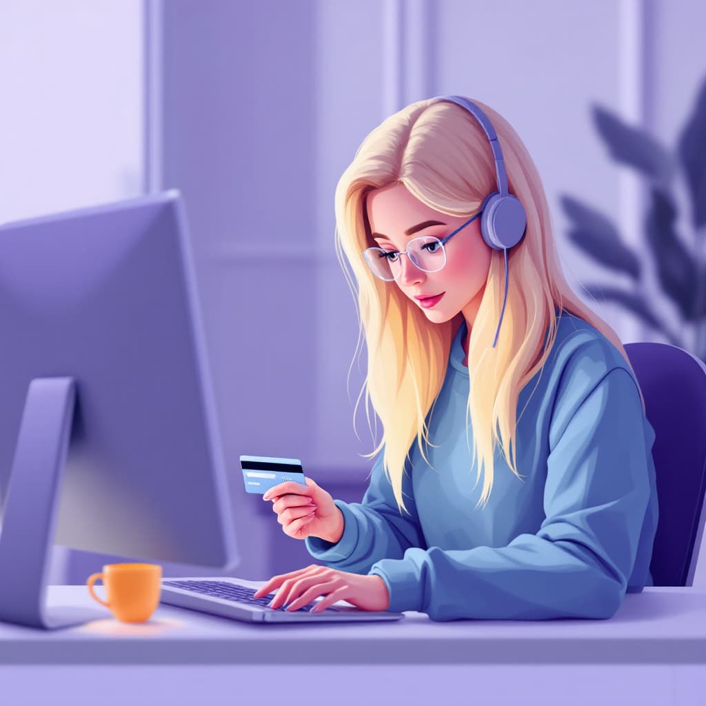 AI generated: A young, blonde,  hacker enters credit card details while holding it on an online shopping site, usi...