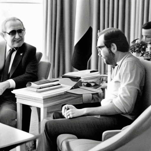 AI generated: Nixon meeting Kubrick in 1968 in Oval Office with Henry Kissinger 