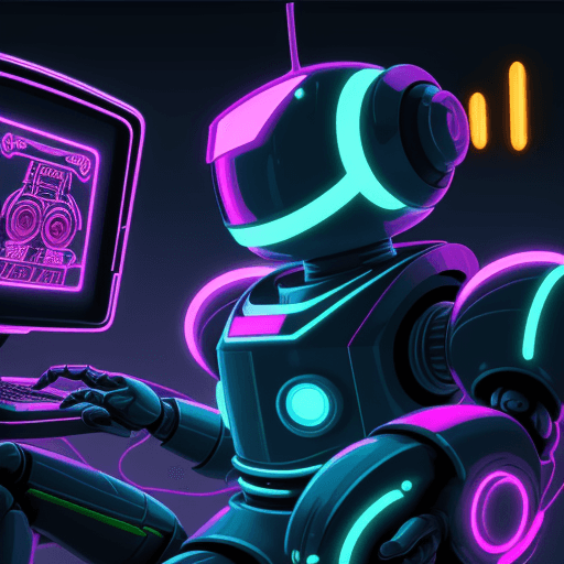 AI generated: A retro-style robot playing a futuristic video game in neon tones with medium resolution.
