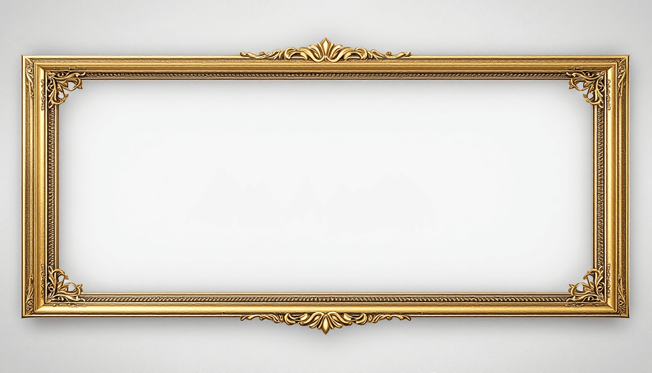AI generated: A thin, elegant rectangular gold frame with subtle, intricate details, designed in an epic fantasy s...