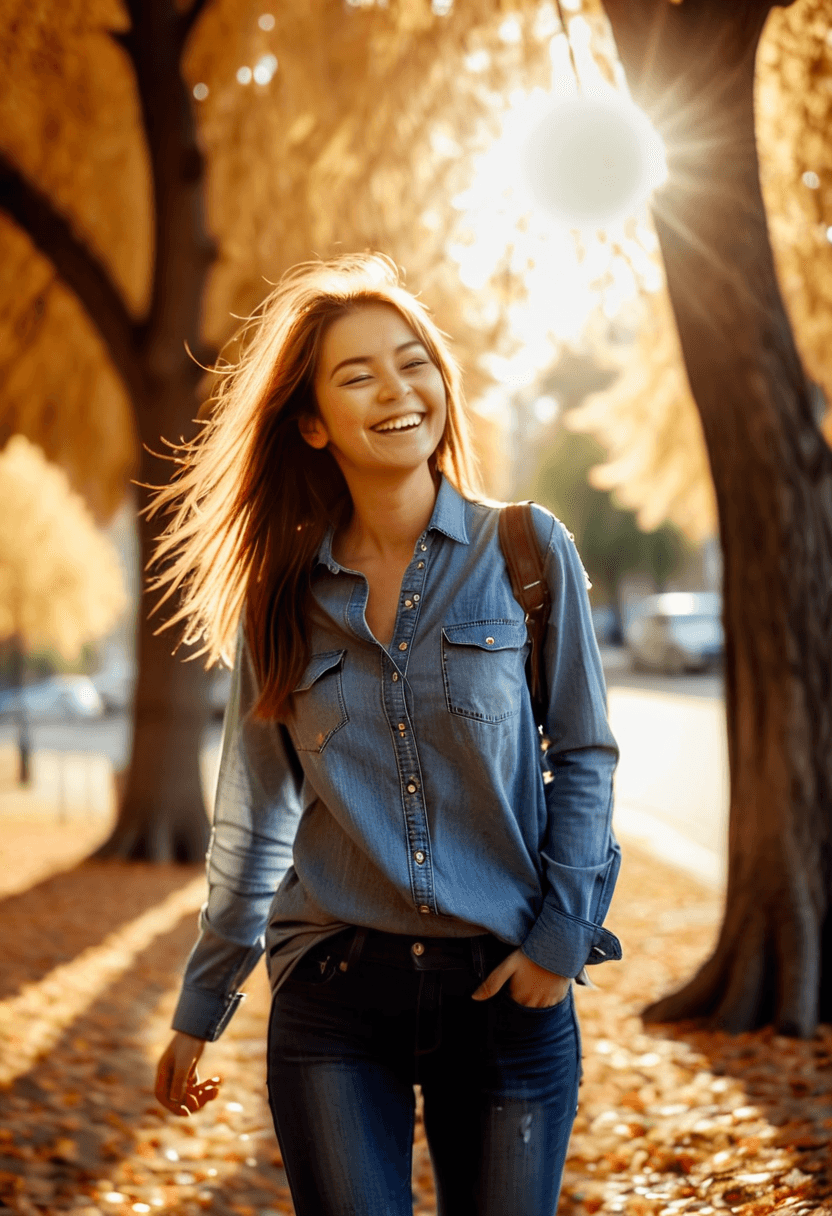 AI generated: 3/4 shot, photograph of a happy 25 year old woman walking under a tree, wearing jeans and long sleev...