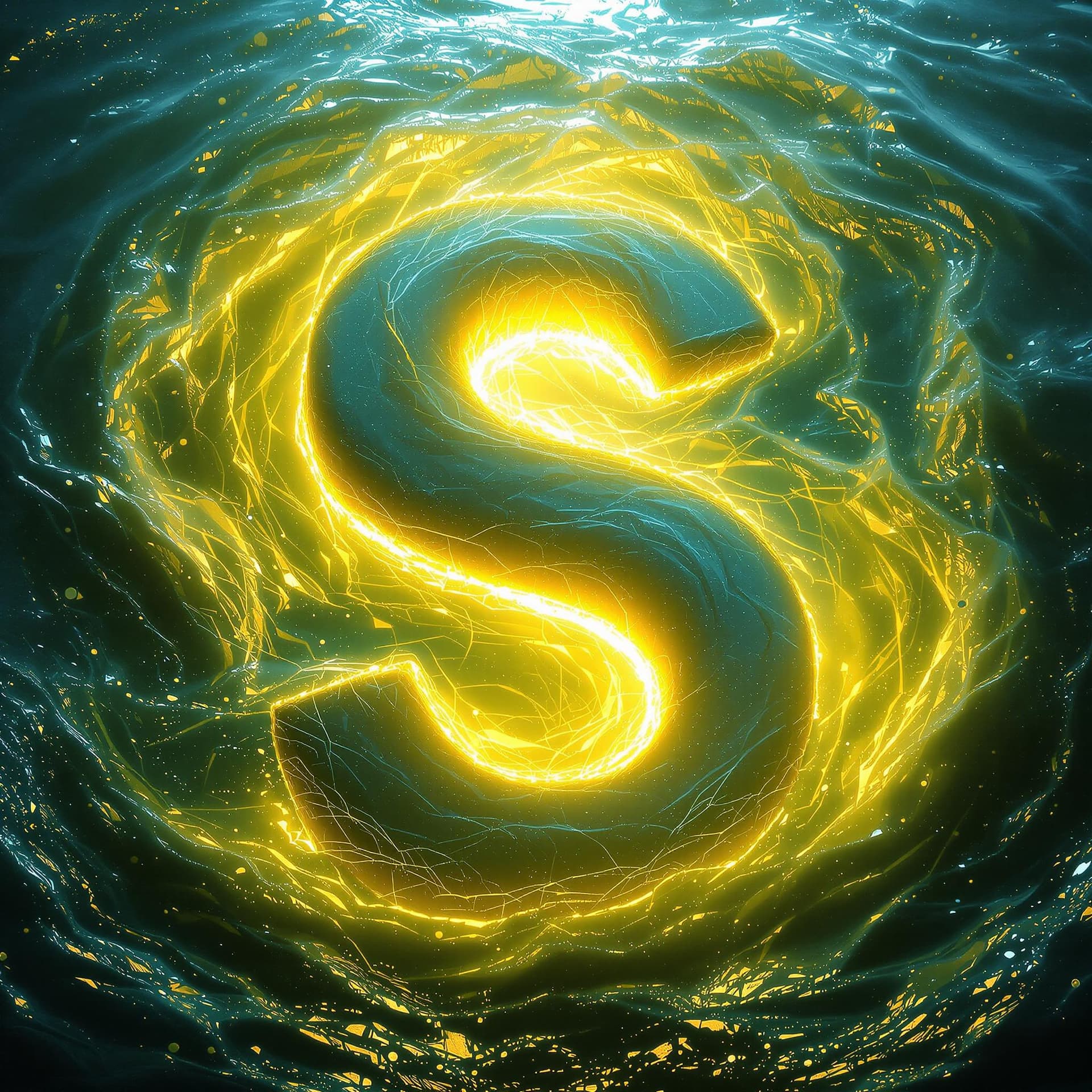 AI generated: 3D render of the letter [S], periwinkle and canary yellow color blend, under the water, swirling wat...