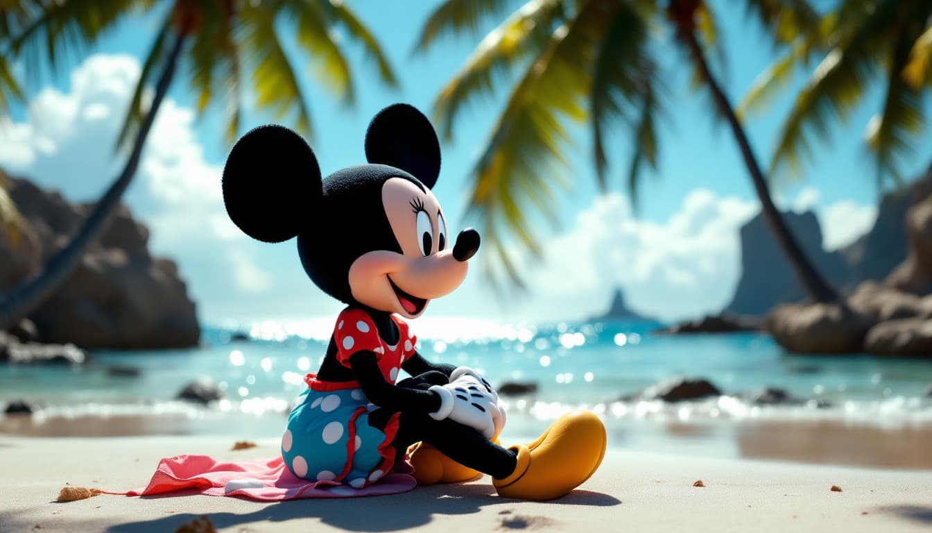 AI generated: A Minnie mouse sitting at the beach a sunny day