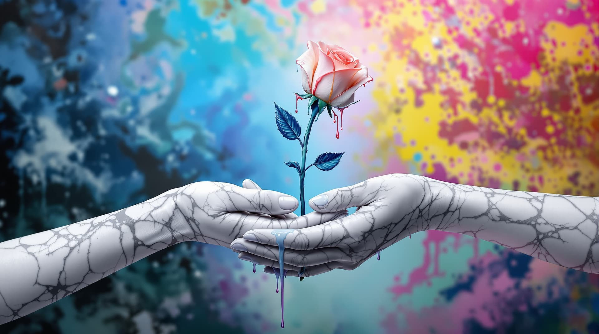AI generated:  random pose,  two hands white marble skin, giving   a   rose ,the flower is made of dripping liquid...