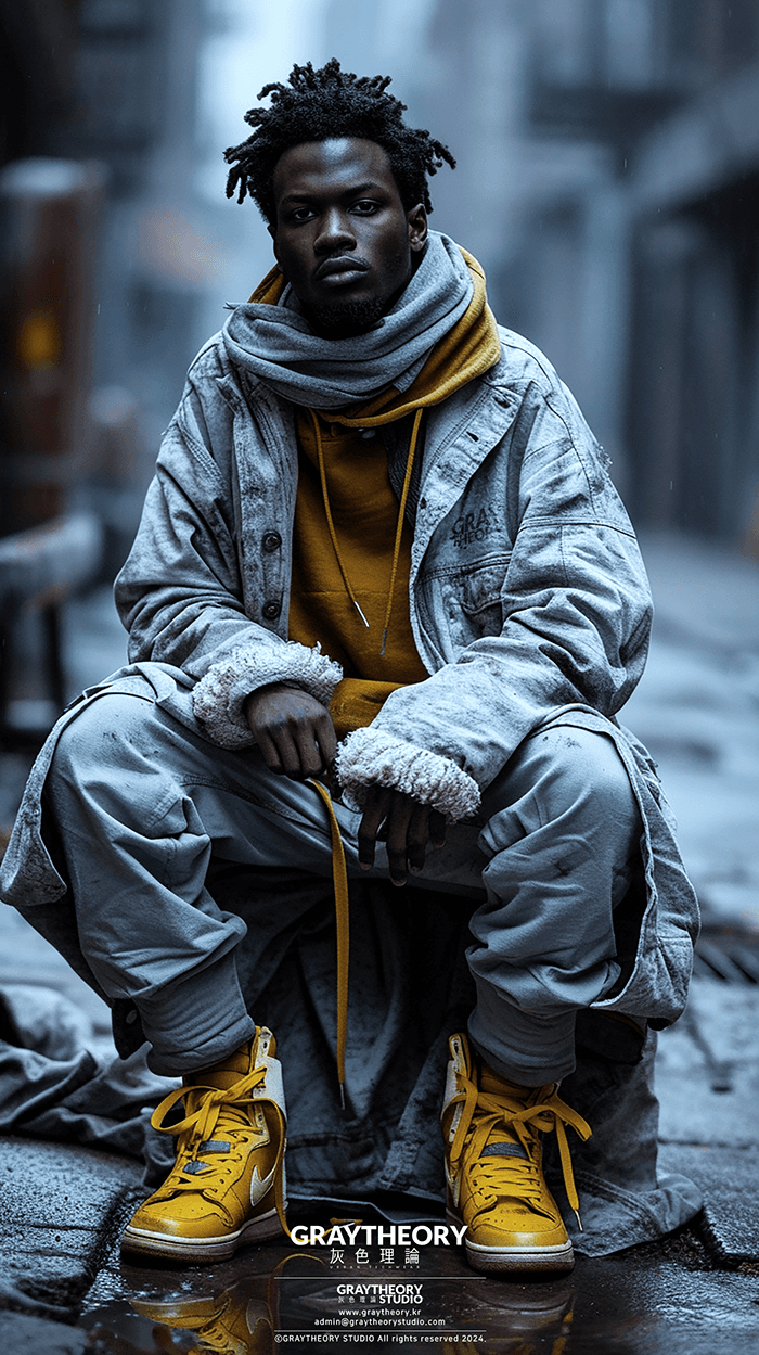 AI generated: capturing a model, silver and white color, man wearing an long loose cardigan, matte grey, washing c...