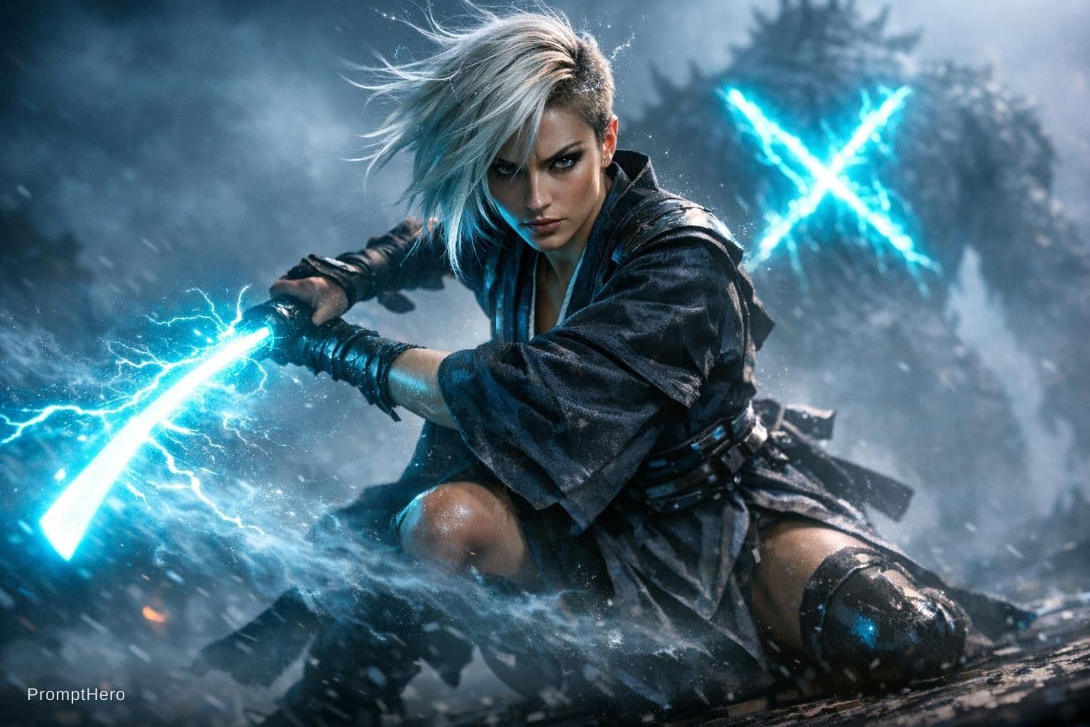 AI generated: Dramatic epic science fiction scene, full-body shot, low tilted angle (dynamic dutch angle). A fierc...
