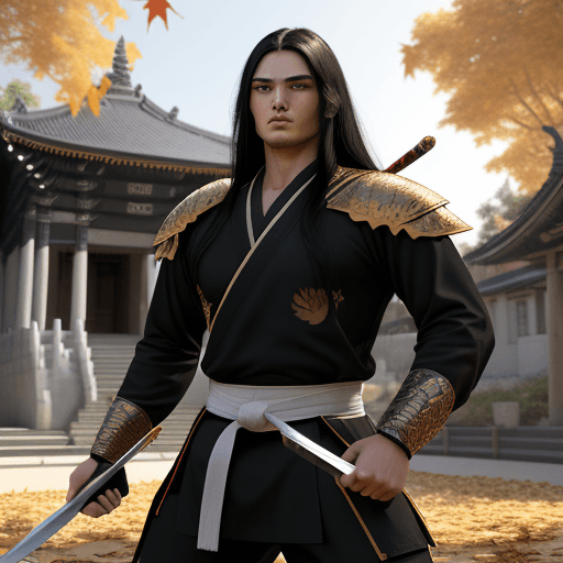 AI generated: A realistic 3D character of a young male warrior with long black hair, wearing a traditional black m...