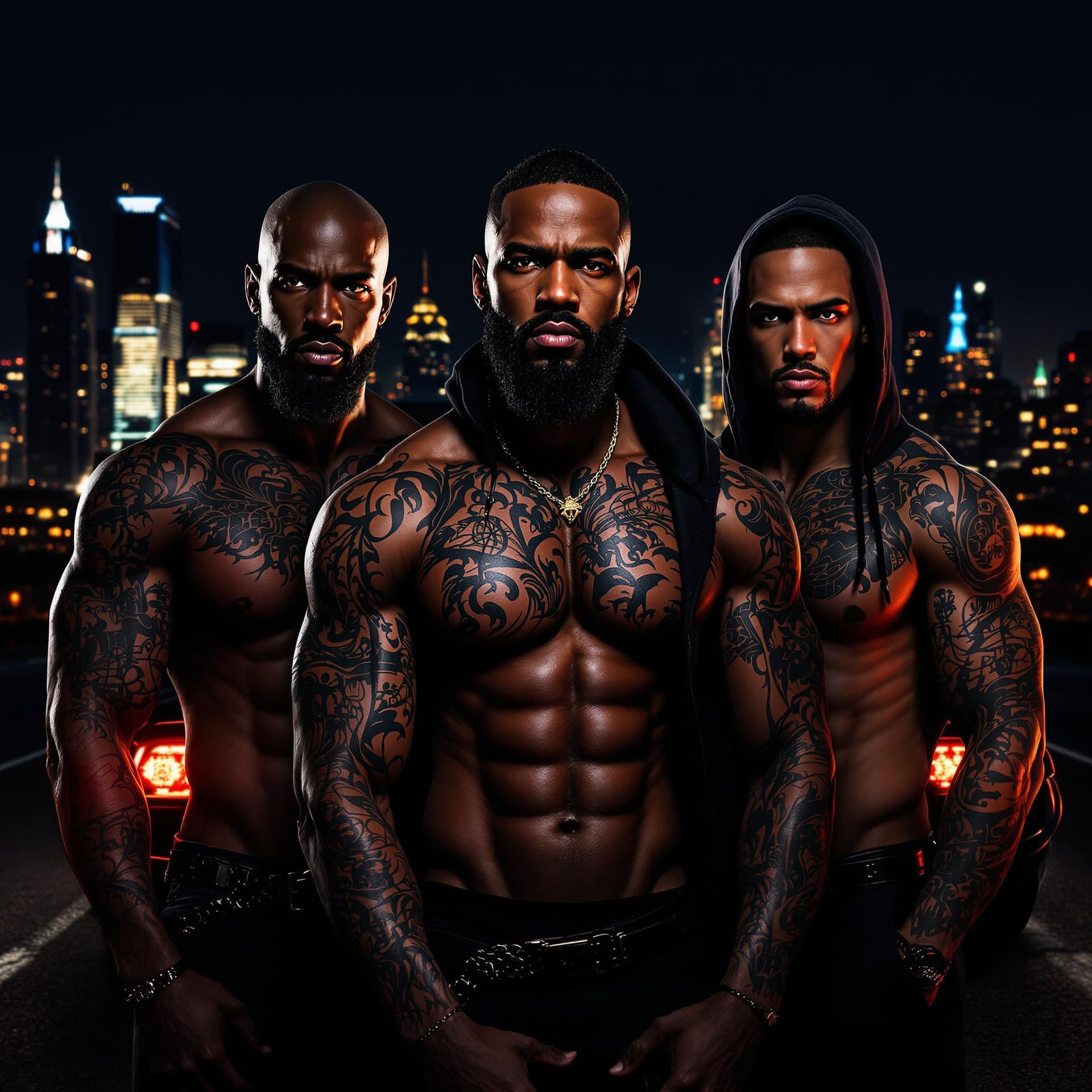 AI generated: Create a hyper-realistic, cinematic image of three Black men with powerful, street-legend energy, st...