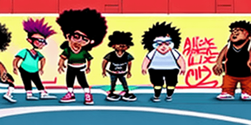 AI generated: A short punk Caucasian girl, a fat Afro-American rapper boy, an Indian geek, a thin Asian skater gir...
