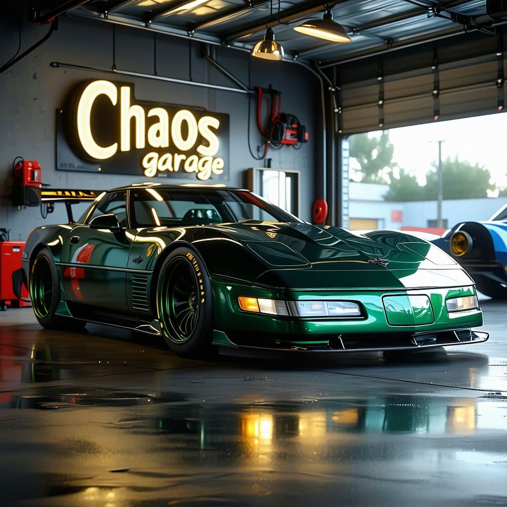 AI generated: General outline of a latest model dark British racing green 2000 corvette with 
 in steampunk style,...