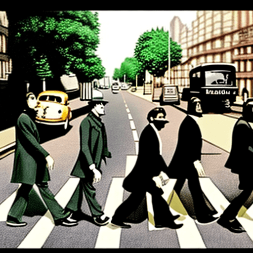 AI generated: Sherlock Holmes and Oppenheimer crossing Abbey Road like the Beatles