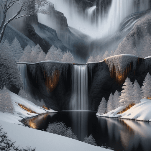AI generated: winter landscape, Black color, Bokeh, the waterfall, Draon over the lake, insanely detailed and intr...