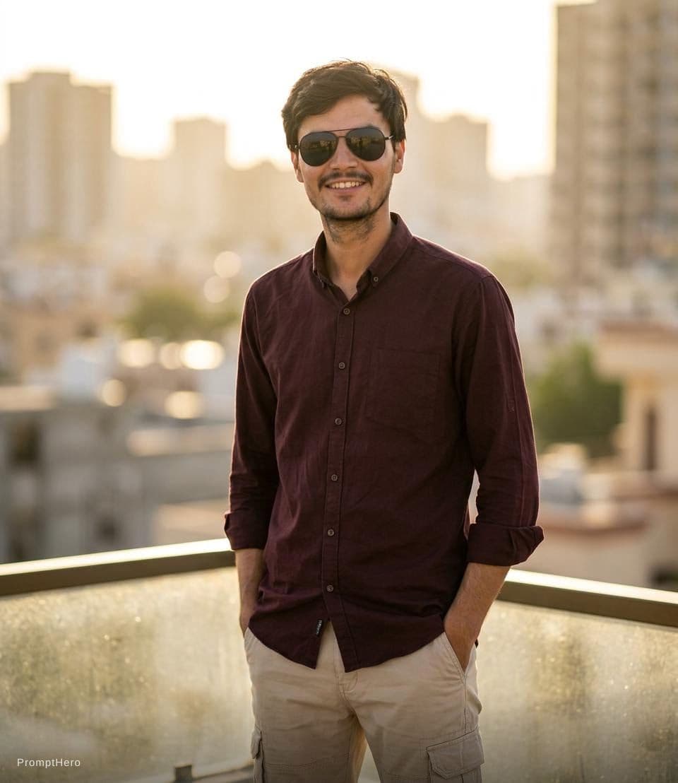AI generated: A stylish handsome young man standing on a rooftop balcony during golden hour sunset, wearing a dark...
