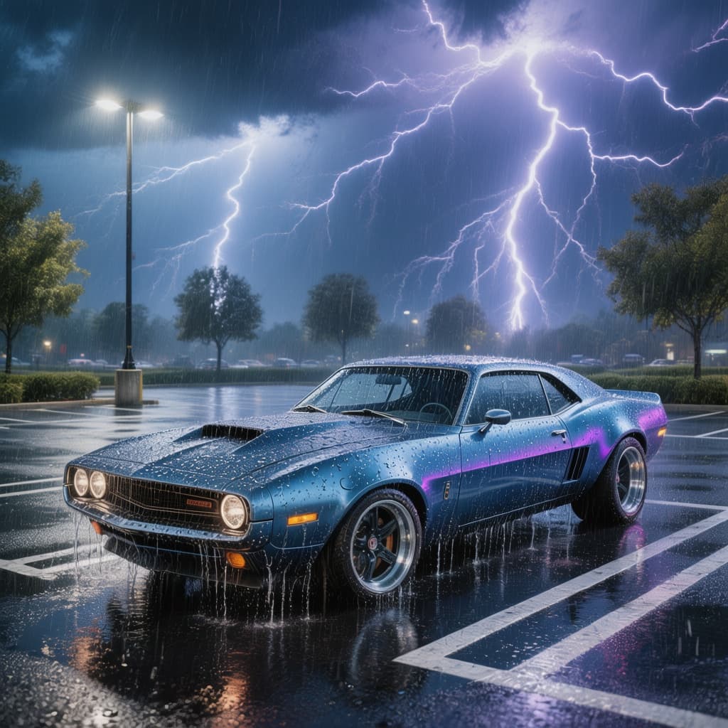 AI generated: Very futuristic muscle car in an empty parking lot at night, it is raining and the lightning is mult...