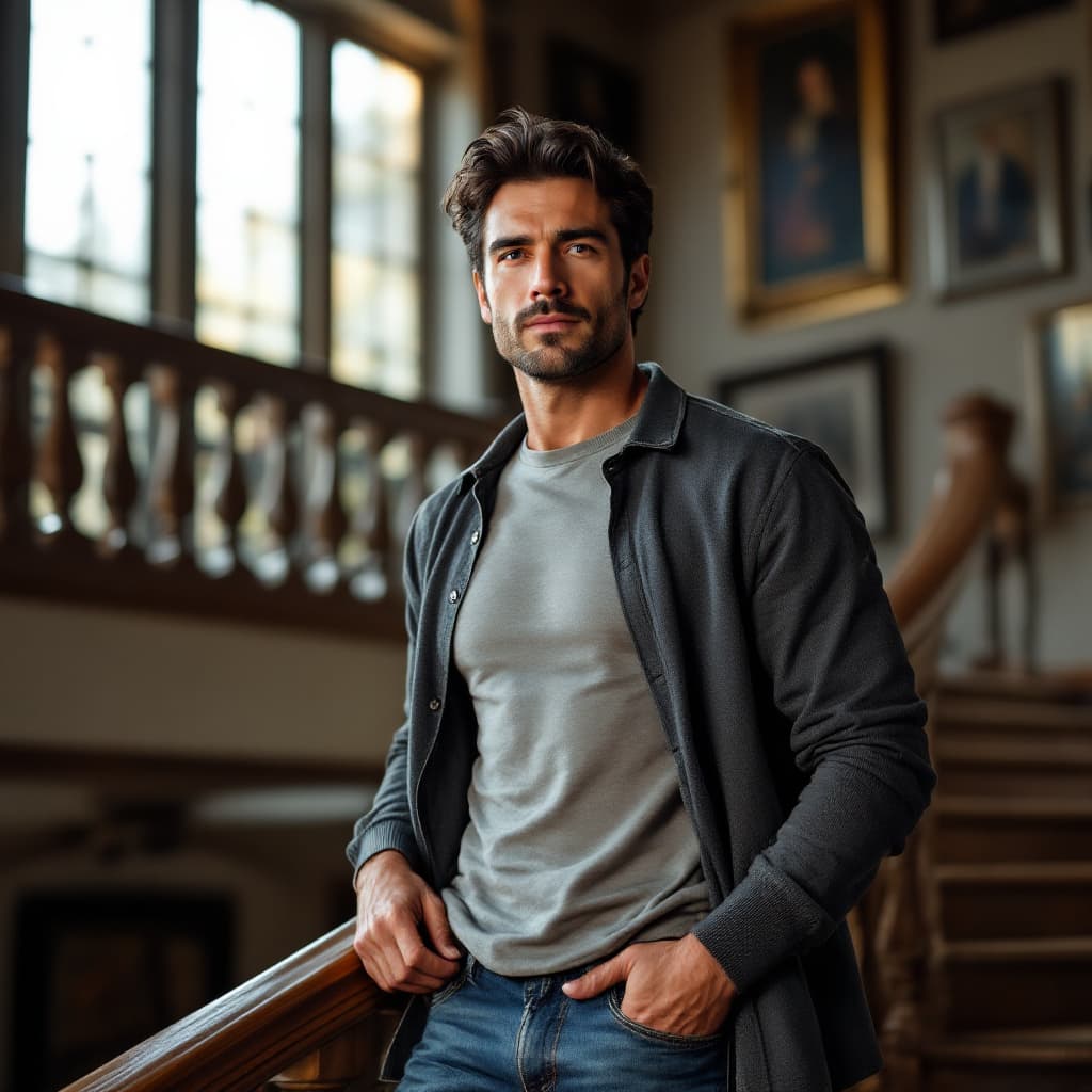 AI generated: A handsome man, age about 44, with dark hair, an athletic slim build, dressed in casual clothing (e....