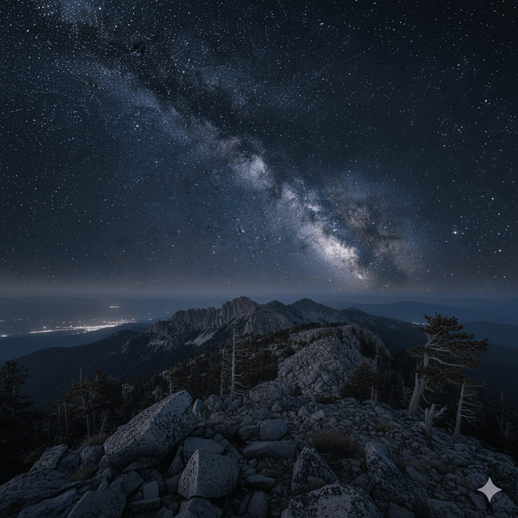 AI generated: a ultra realistic scenic of night time from a mountain tap with visible galaxy from earth view point...