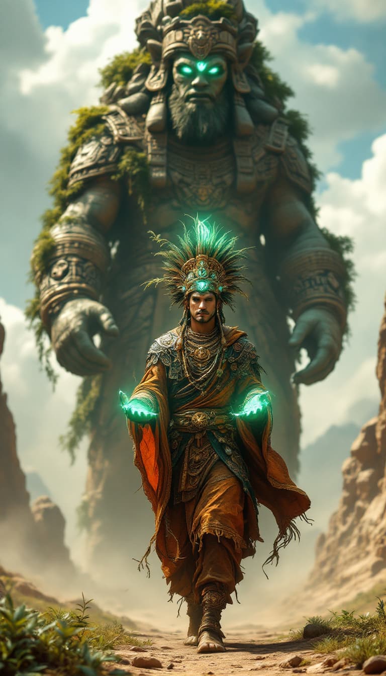 AI generated: An ultra-realistic, wide angle, front facing, full-body portrait of a mystical Peru Geomancer, drape...