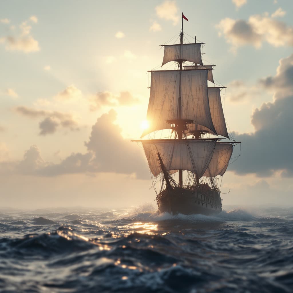 AI generated: Photo of a ultra realistic sailing ship, dramatic light, pale sunrise, cinematic lighting, battered,...