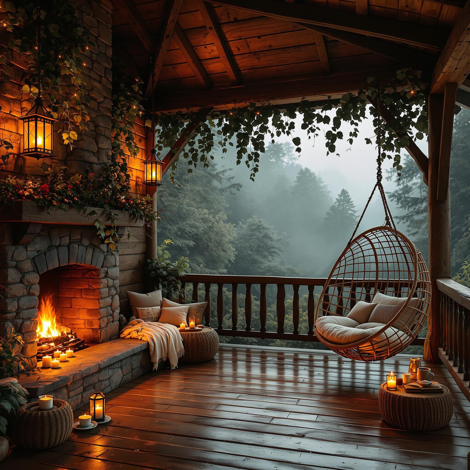 AI generated: A warm and inviting rustic wooden porch nestled deep in a misty forest on a foggy evening. The air i...