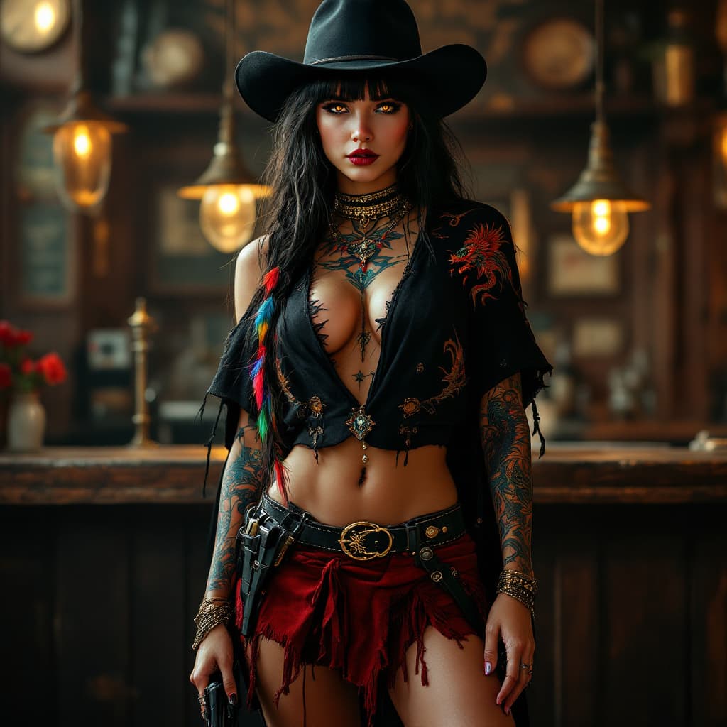 AI generated: Full body photo HD beautiful girl standing in saloon, wearing a black Stetson, black Native American...