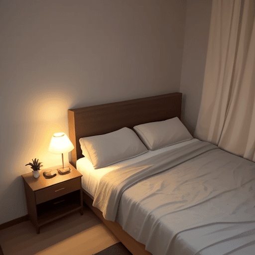 AI generated: A quiet and cozy room, with a comfortable bed and soft lights to convey calm and serenity-ar 3:2

