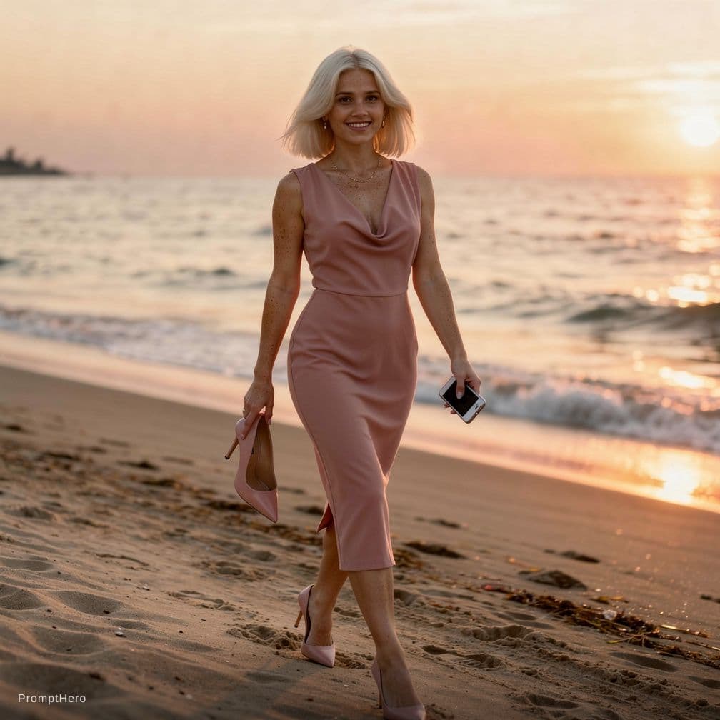 AI generated: Slavic Hot 23 year old Hot sister she Has tall Thick thighs posing while walking in a Beach during s...