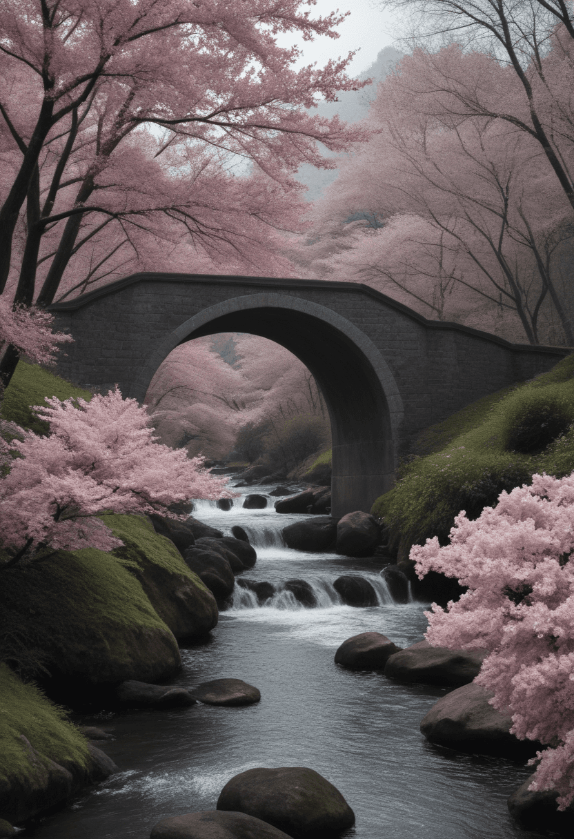 AI generated: analog film photo (SuperQuality:1.0) ~ (SuperQuality:1.2),bridge under a large cherry blossom, atmos...