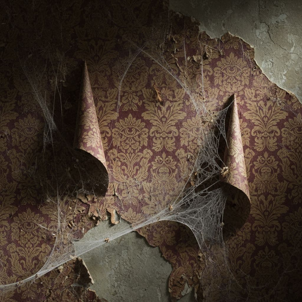 AI generated: Haunted Victorian wallpaper peeling, faded, cobwebs attached