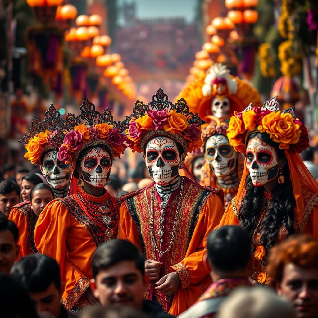 AI generated: Capture a high-resolution photograph of the vibrant "Días de los Muertos" parade in Mexico City, fil...
