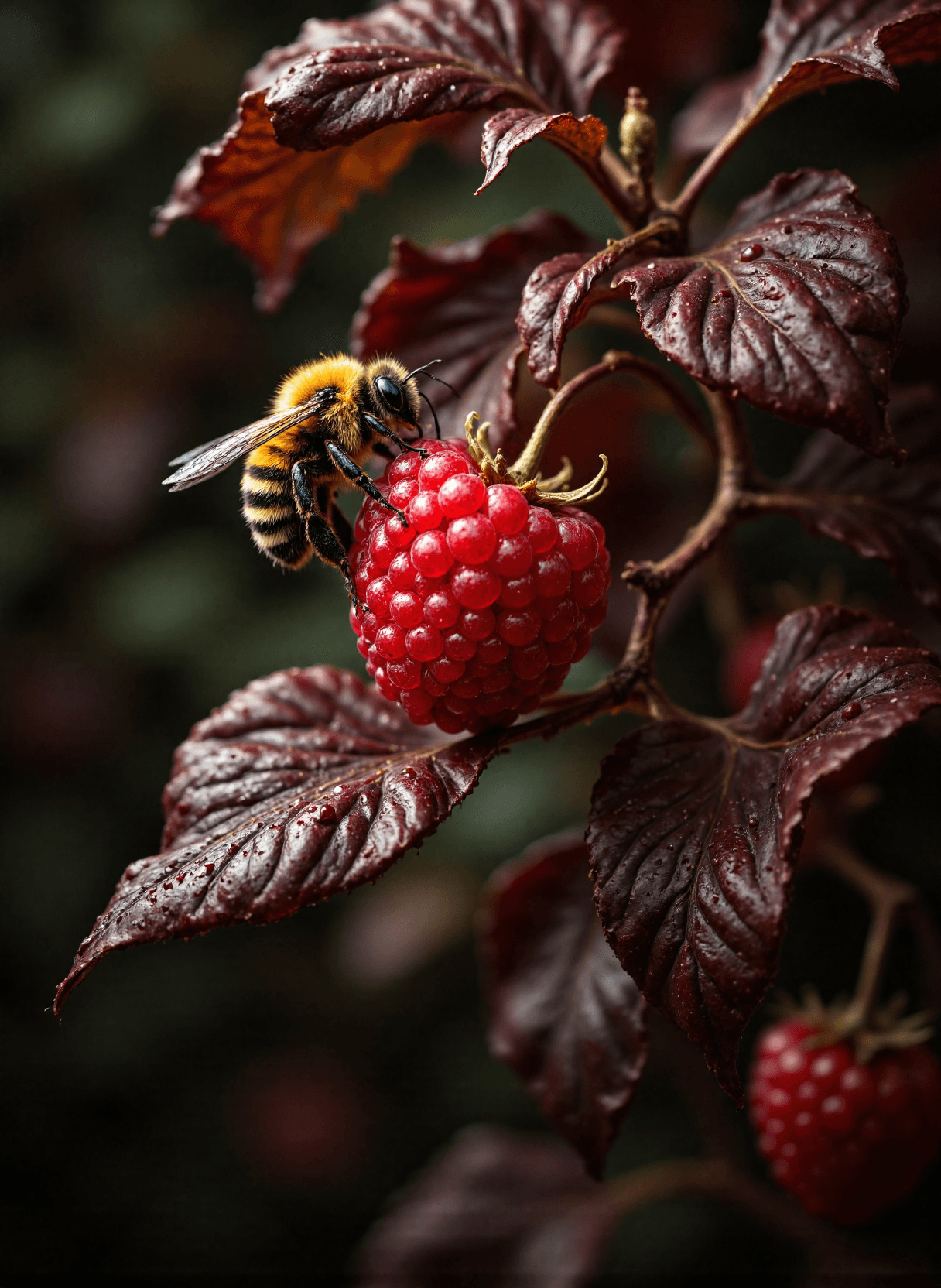 AI generated: The image depicts a vibrant and detailed scene featuring a bumblebee perched on a ripe raspberry. Th...