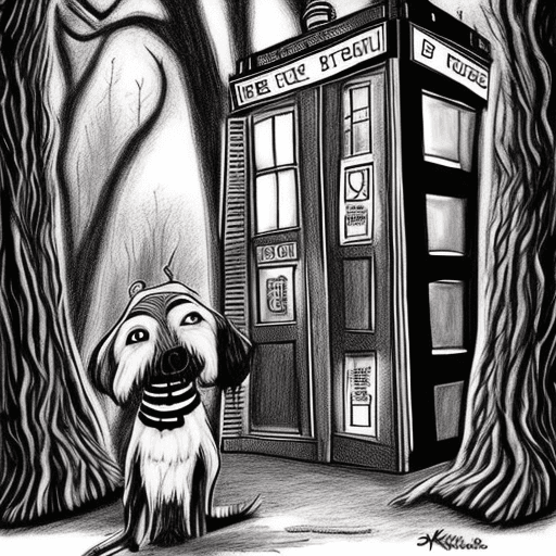 AI generated: A drawing in the style of Tim Burton with a picture of the TARDIS from Doctor Who in a haunted fores...