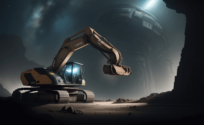 AI generated: Hyperrealistic exterior photography at eye level of a futuristic excavator with a landscape of outer...