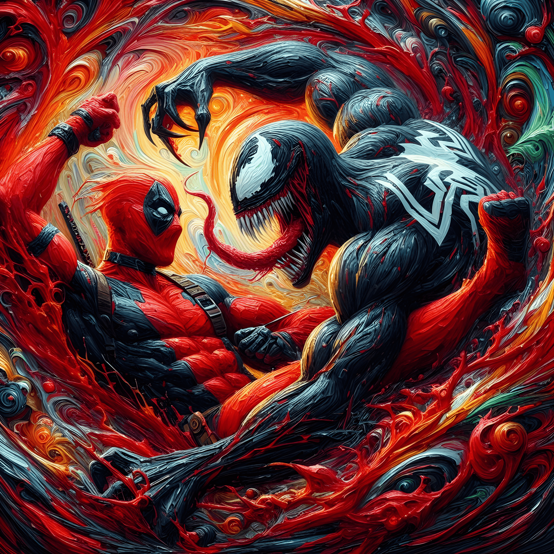 AI generated:  Render a hyper-detailed, dynamic oil impasto painting of the Marvel antihero Deadpool locked in com...