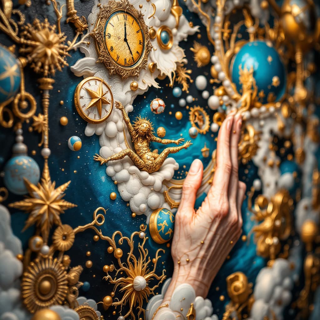 AI generated: A close-up of a magical realism inspired mural. The design is intricate and surreal, with motifs of ...
