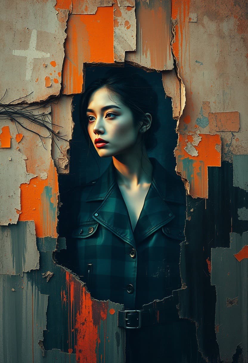 AI generated: The Echoes of Time ,  faded portrait emerging from a layered, weathered wall, soft glowing orange an...