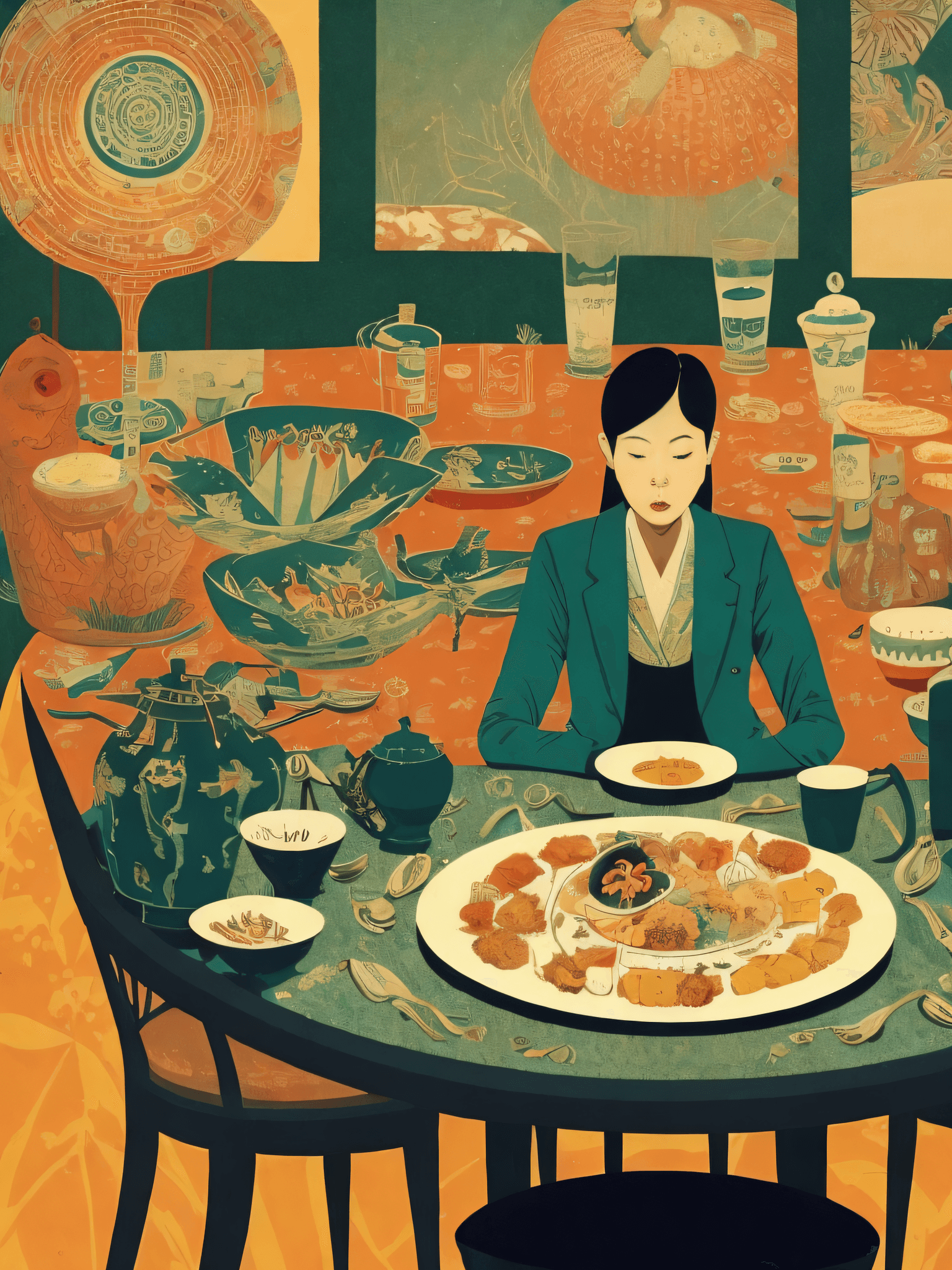 AI generated: a poster of a person sitting at a table with food and drinks in front of them by Victo Ngai, rMada M...
