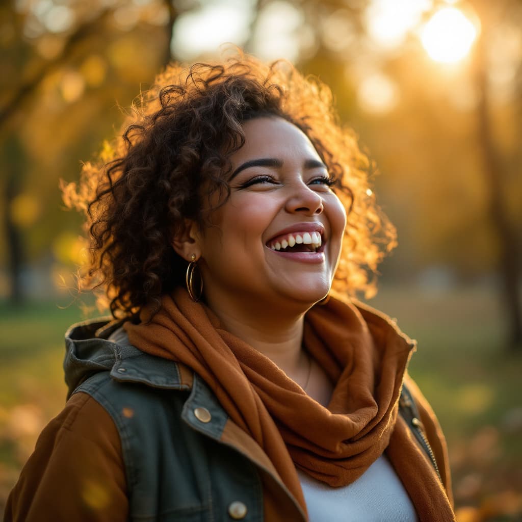 AI generated: Joyful chubby brown warm tone lady in a park
