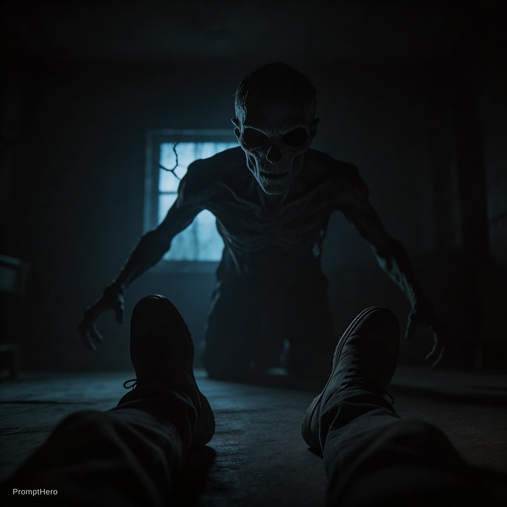 AI generated: POV sitting in dark room, creepy figure getting closer every second, horror cinematic, intense shado...