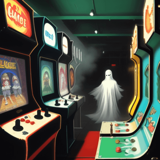 AI generated: classic oil painting of a white sheet ghost in a retro arcade, row of arcade machines, fog, cute pai...