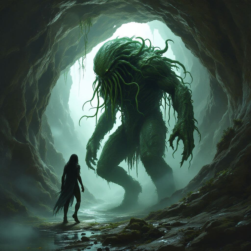 AI generated: humanoid cthulu with elements of swamp thing, a far away future, the background is a monstruous cave...