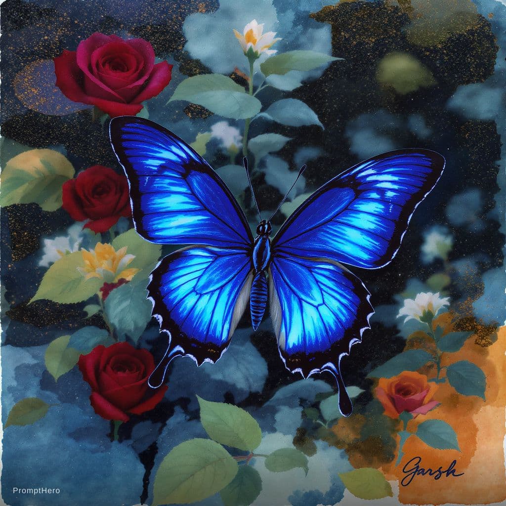 AI generated: a butterfly in vivid shades of blue, green foliage and red roses, blurred leaves, a natural setting,...