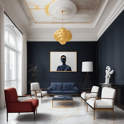 AI generated: high resolution photography interior design, fabric dark blue living room with 3 armchairs with smal...