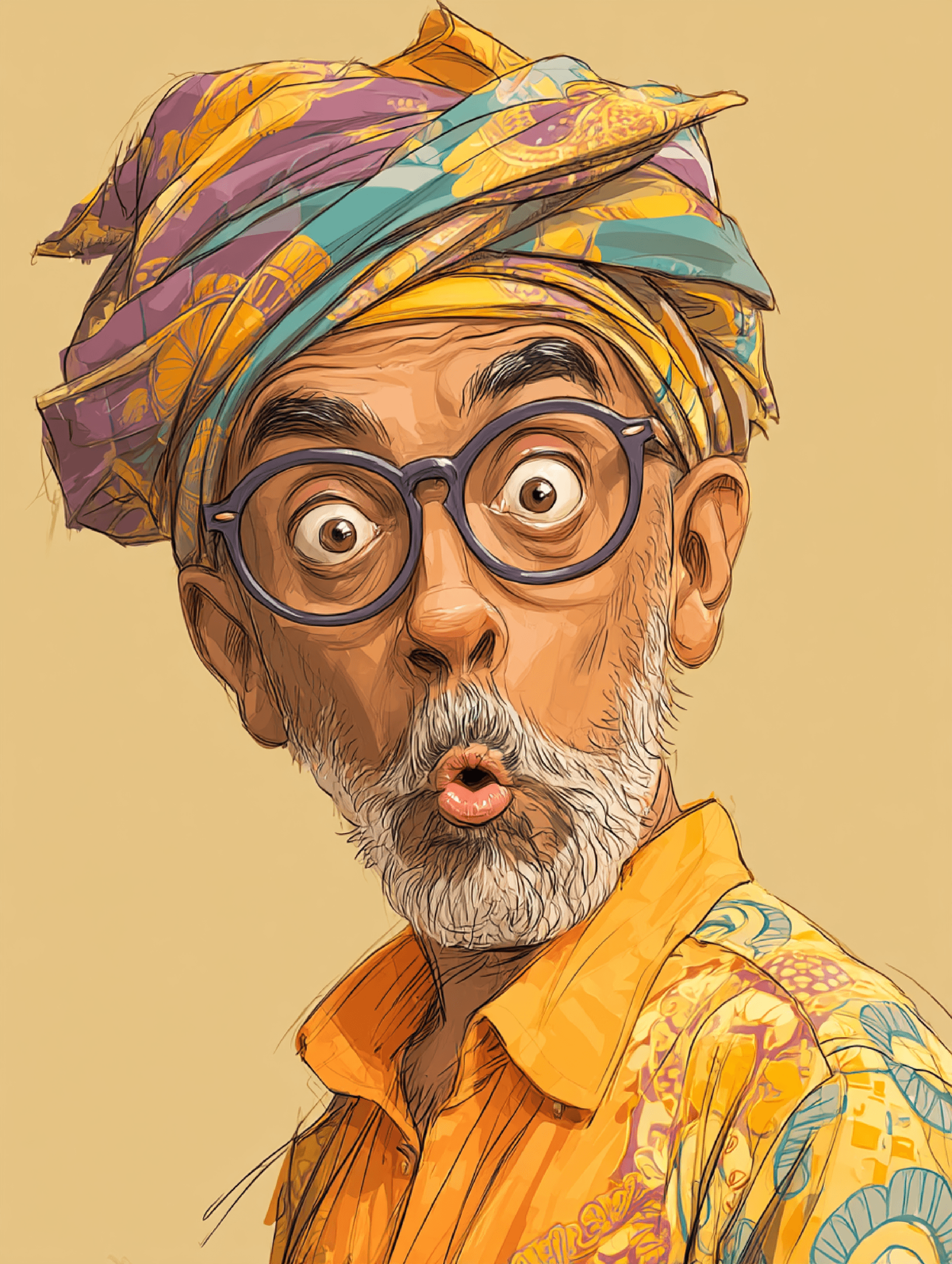 AI generated: funny caricature, quirky man with turban caricature, middle-aged asian male, 45 years old, colorful ...