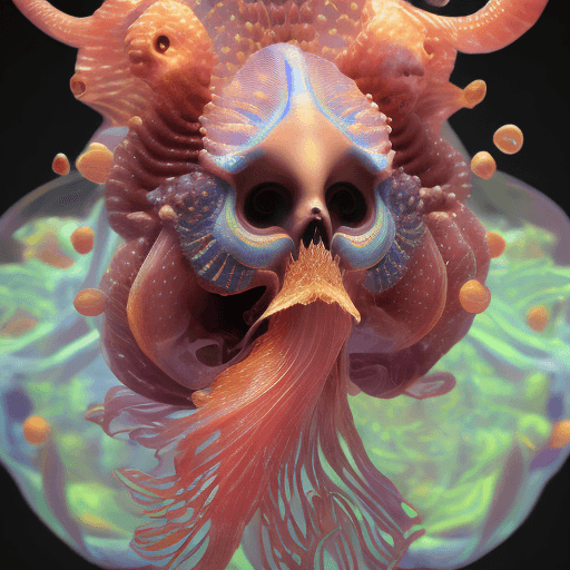 AI generated: Goddess close-up portrait ribcagel. jellyfish phoenix head, nautilus, orchid, skull, betta fish, bio...