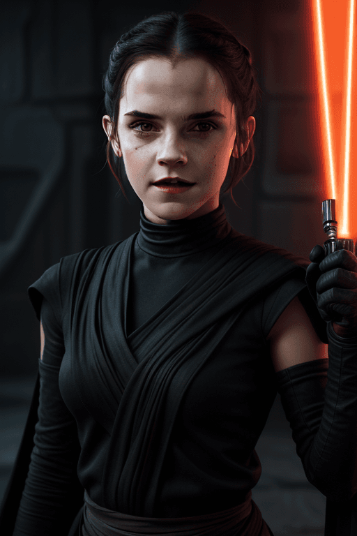 AI generated: Rey Skywalker (Emma Watson face) as sith in  Black Sith outfit, dark red lips, orange eyes from star...