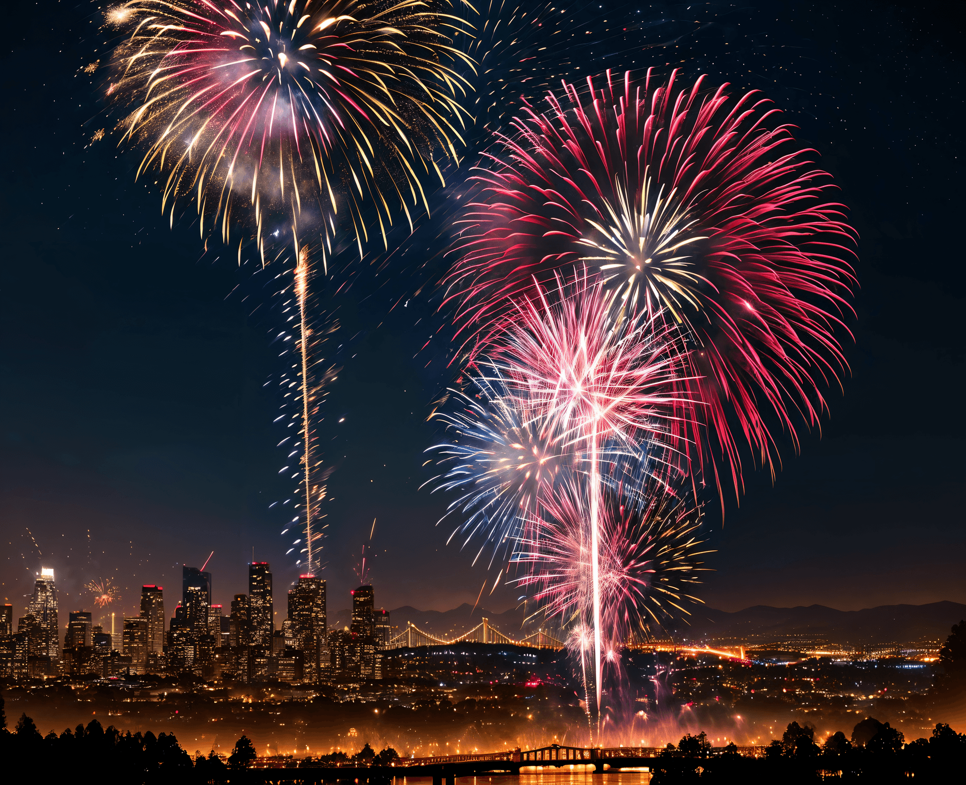 AI generated: USA Independence day Holiday, 4th of July, (Fireworks over Silicon Valley:1.1), Cinematic scene, dra...